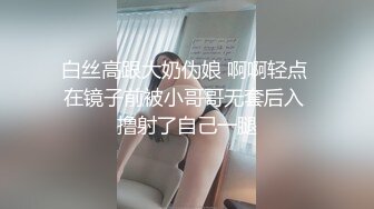 白丝高跟大奶伪娘 啊啊轻点 在镜子前被小哥哥无套后入 撸射了自己一腿